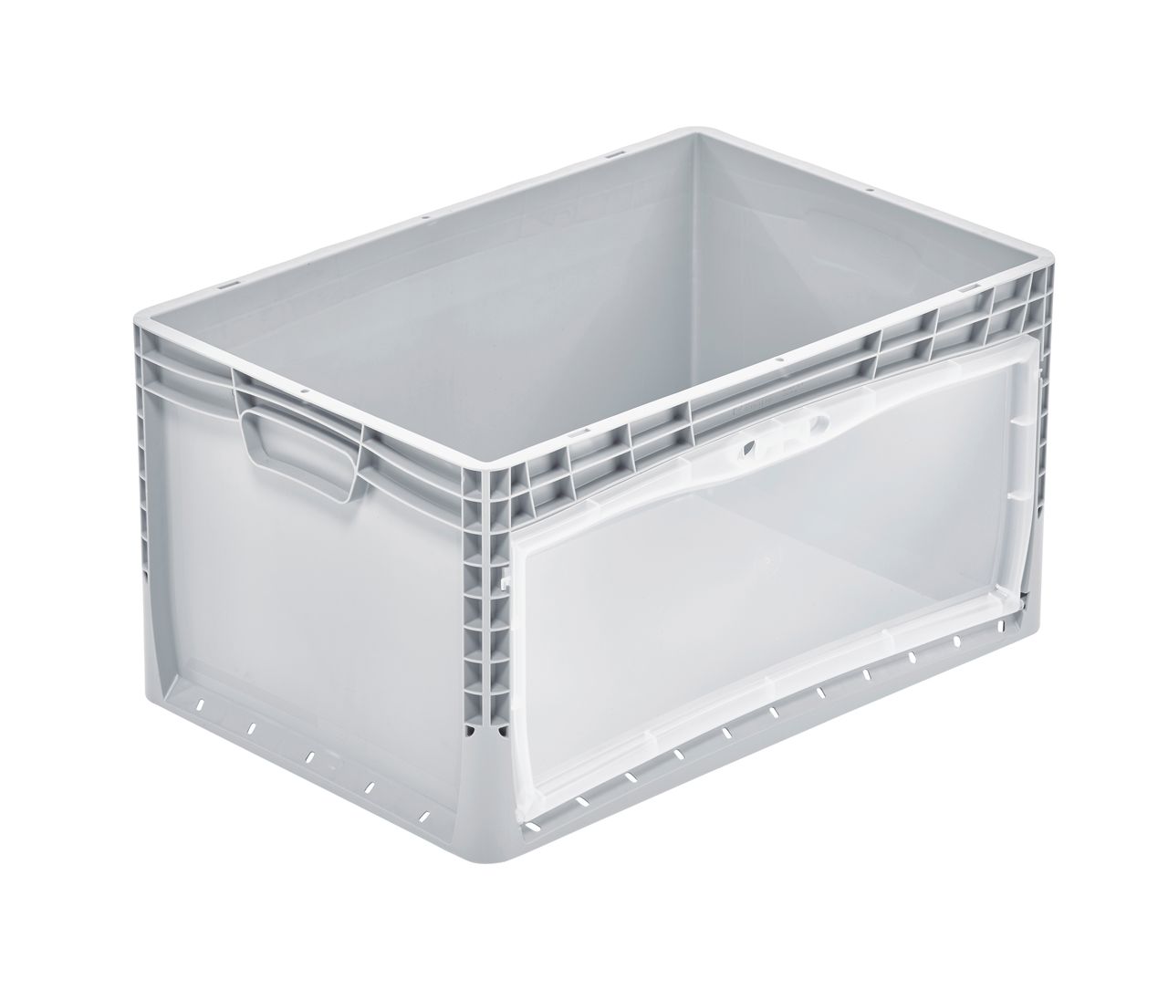 Behälter lightline mit Öffnung und Klappe 600 x 400 x 320 mm  Farbe: grau, geschlossener Griff, Klappe L