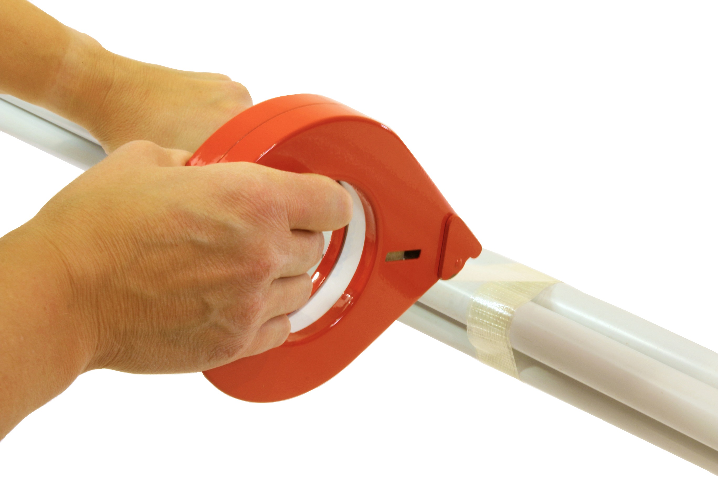 Handabroller aus Metall Orange mit Abrollbremse, 25mm Bandbreite, 122mm Außendurchmesser